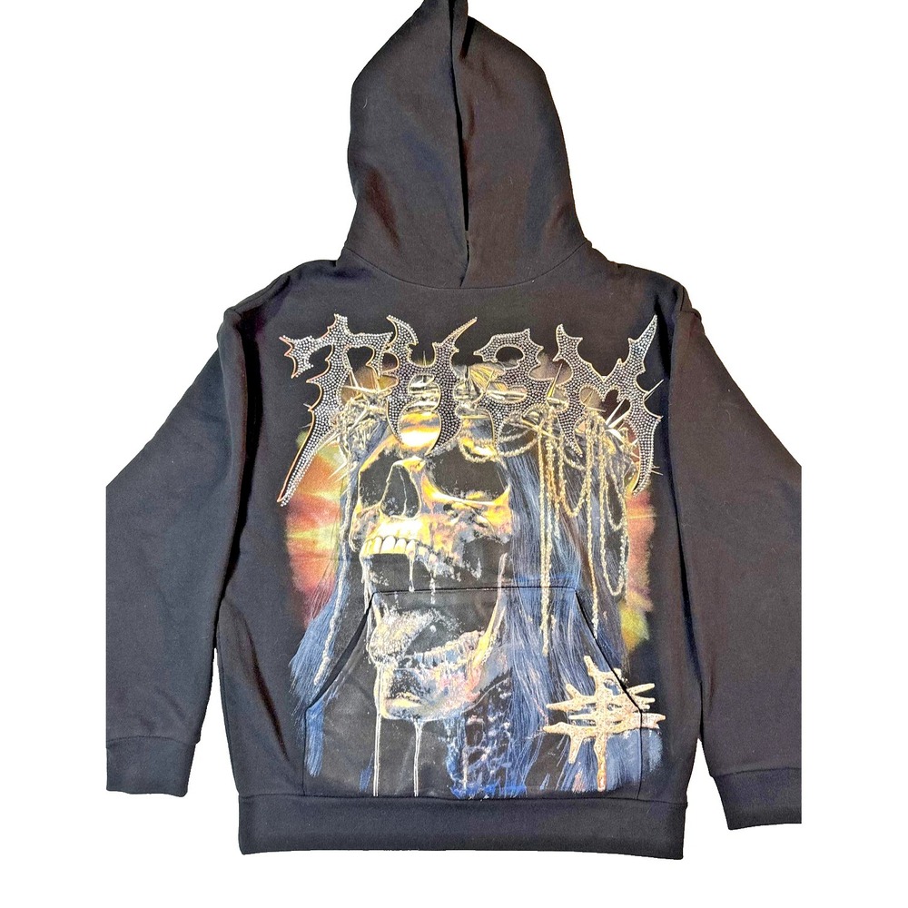TH3M Royalty Rhinestone Hoodie Mens L Skull Graphic Gothic Horror Streetwear NEW